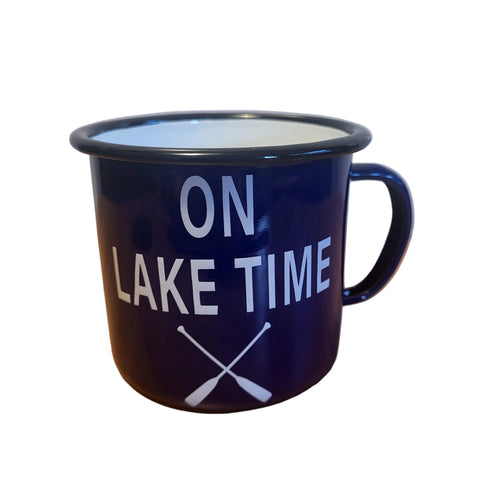 Navy blue mug with 'On Lake Time' text and oar design on a white background