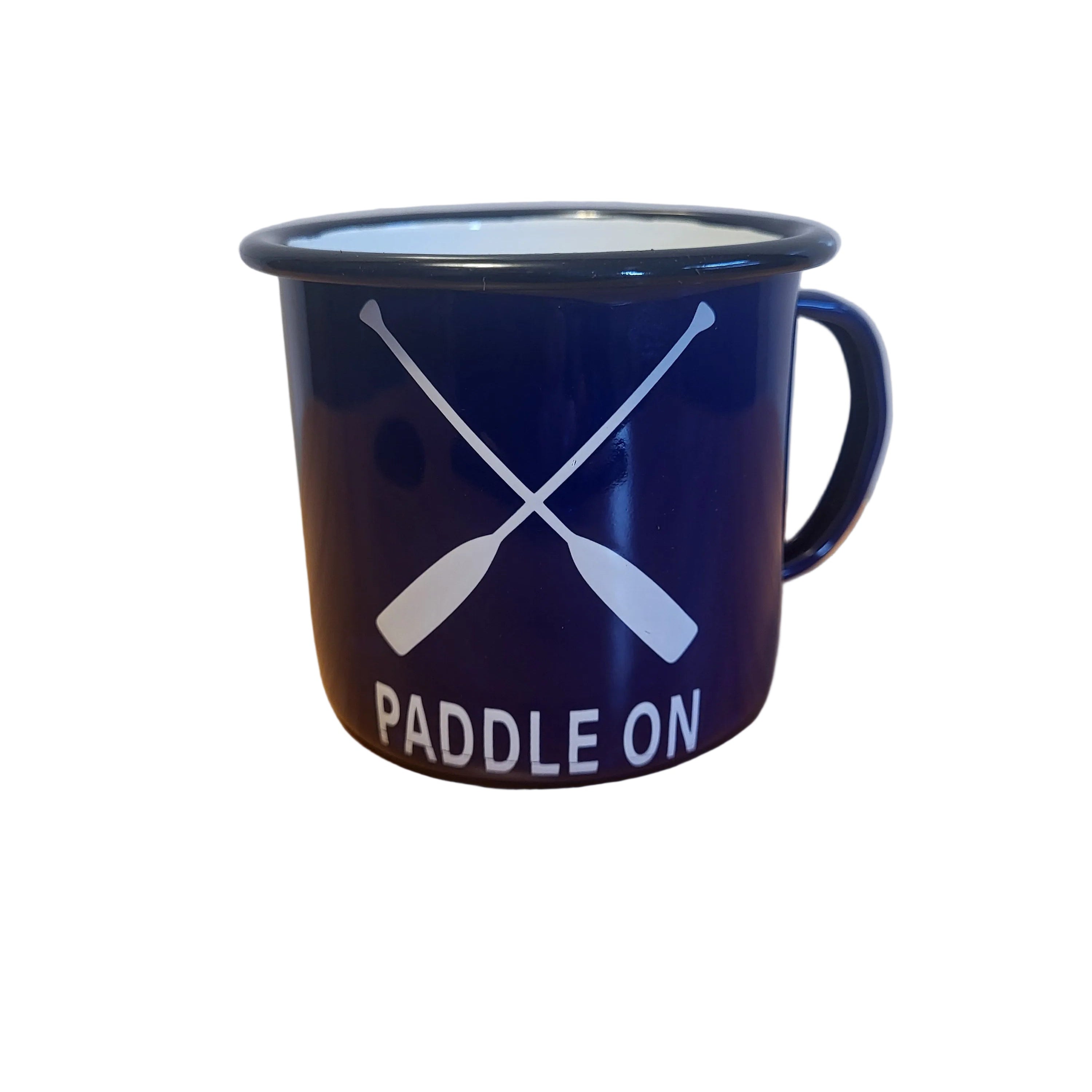 Blue mug with paddle design and 'Paddle On' text on a white background.