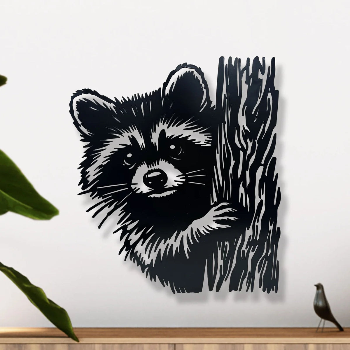 Curious Raccoon Tree Peeker Metal Wall Art