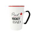 White mug with red interior, black handle, and 'Proud Hockey Dad' text on a white background