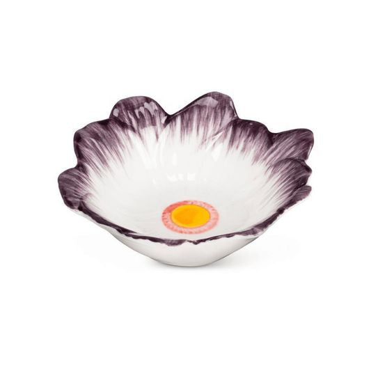 Decorative glass bowl with a floral design on a white background