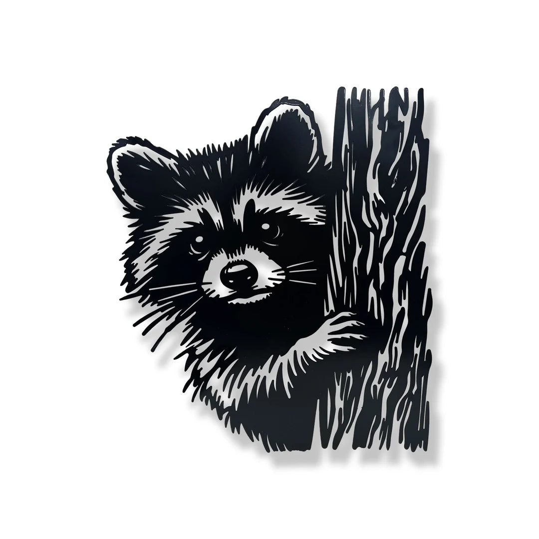 Curious Raccoon Tree Peeker Metal Wall Art