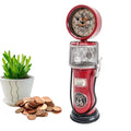 Red vintage-style penny slot machine with coins and a plant on a white background