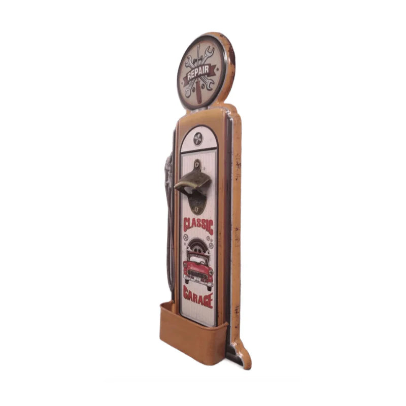 Decorative bottle opener with clock and 'Classic Garage' design on a white background