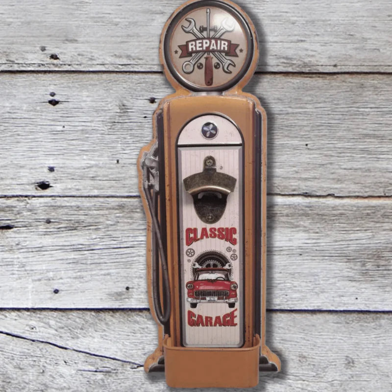 Decorative wall-mounted bottle opener with a classic garage theme on a wooden background