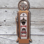 Decorative wall-mounted bottle opener with a classic garage theme on a wooden background