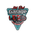 Decorative sign with 'Hot Rod Garage' text and vintage car illustration on a white background