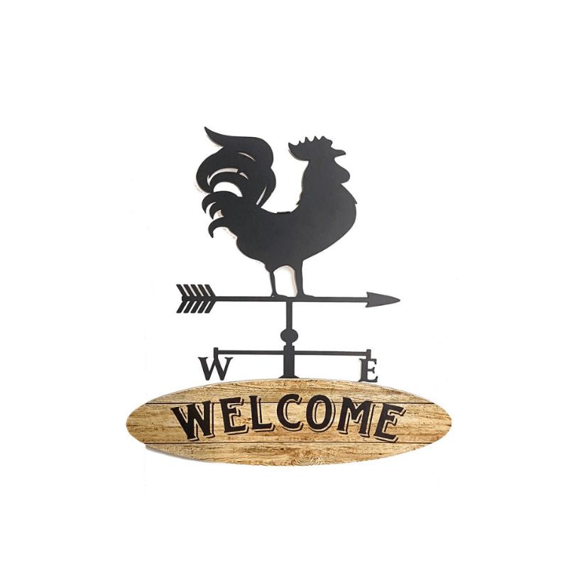 Decorative sign with rooster weathervane and 'Welcome' text on a white background