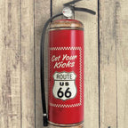 Red fire extinguisher with Route 66 design on a wooden background