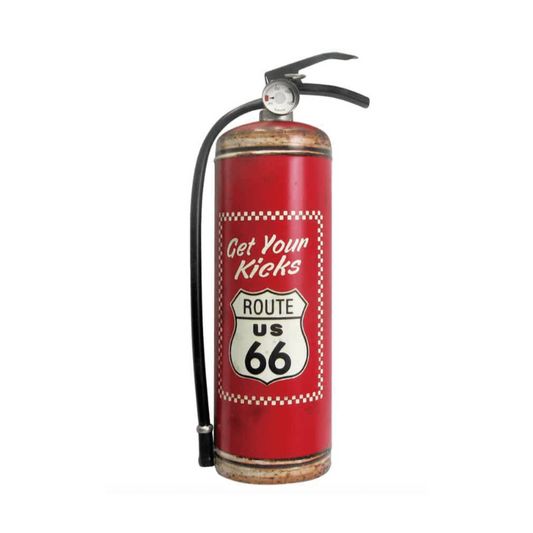 Red vintage-style fire extinguisher with Route 66 design on a white background