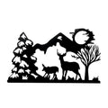 Black silhouette of deer and mountains on a white background