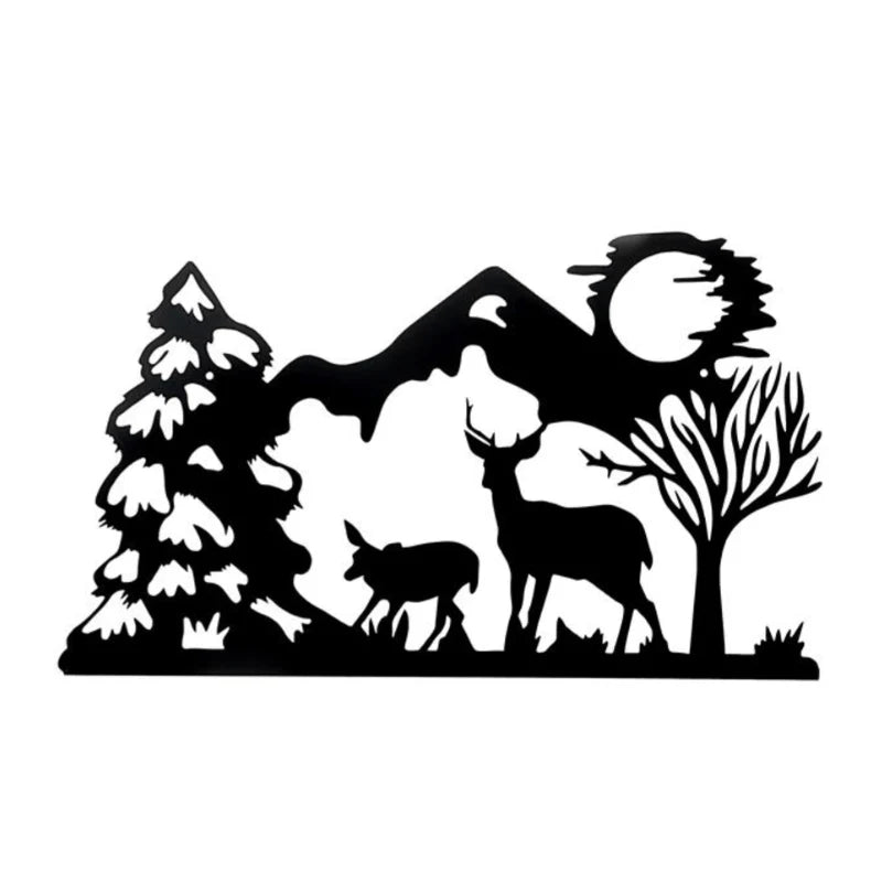 Black silhouette of deer and mountains on a white background
