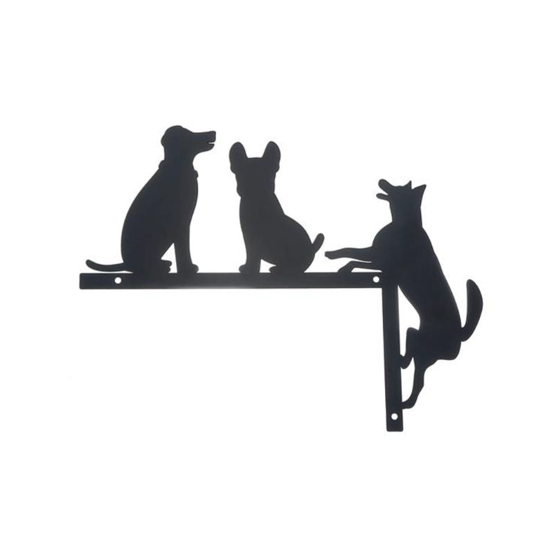 Decorative metal wall decor with silhouettes of three dogs on a white background
