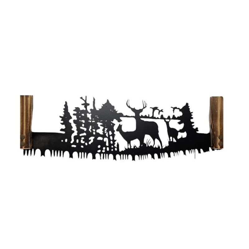 Decorative saw with a deer and forest design on a white background