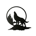 Black silhouette of a wolf howling at a full moon with trees in the background on a white background