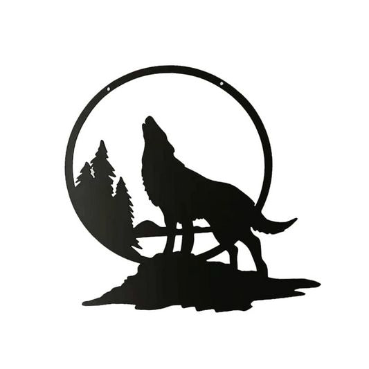 Black silhouette of a wolf howling at a full moon with trees in the background on a white background