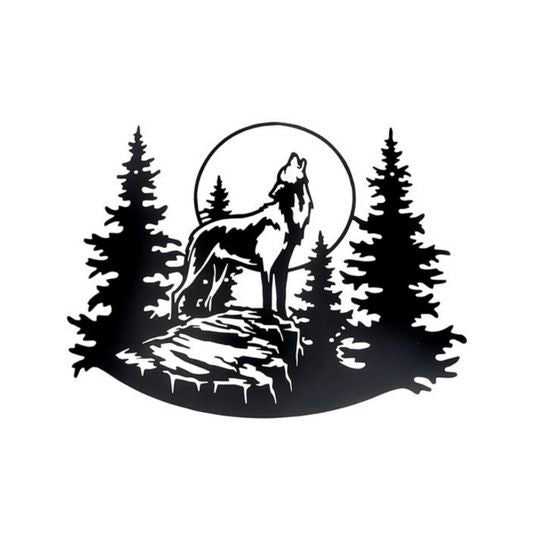 Metal wall decor of a wolf howling at the moon with trees in the background
