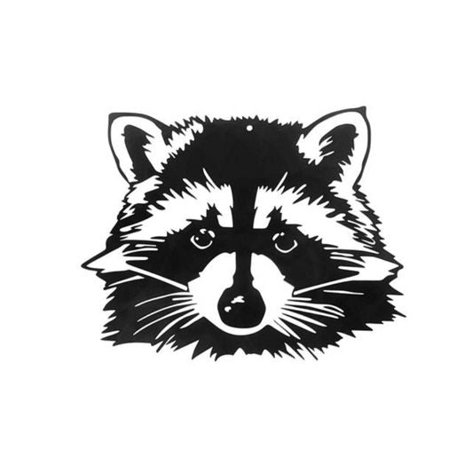 Black illustration of a raccoon face on a white background