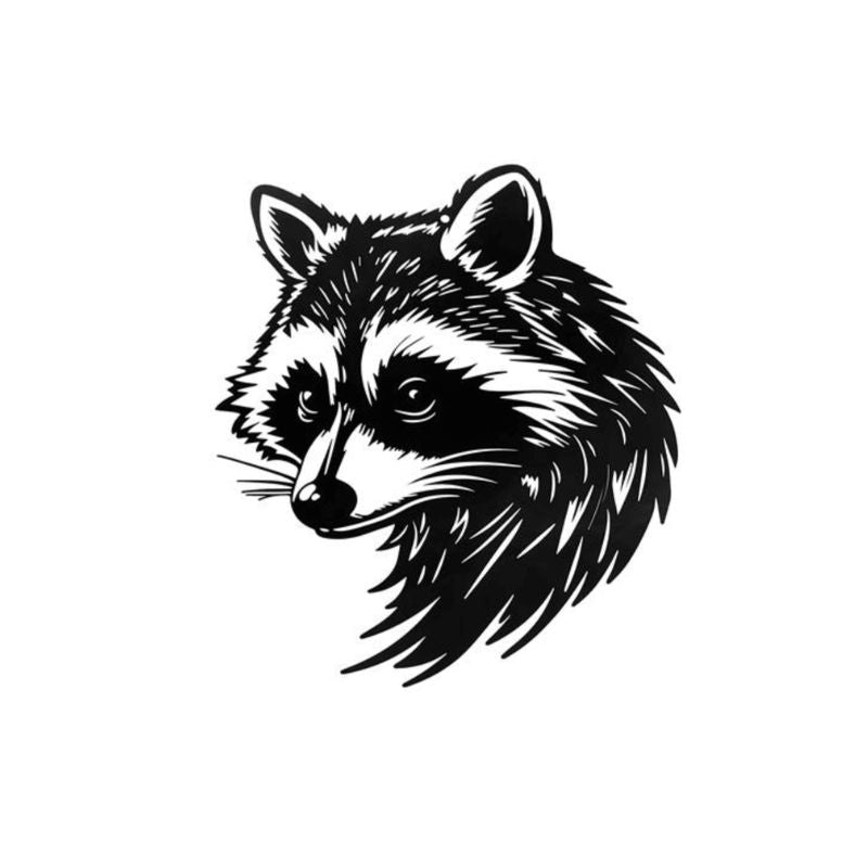 Black illustration of a raccoon's head on a white background