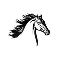 Black illustration of a horse's head on a white background