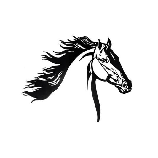 Black illustration of a horse's head on a white background