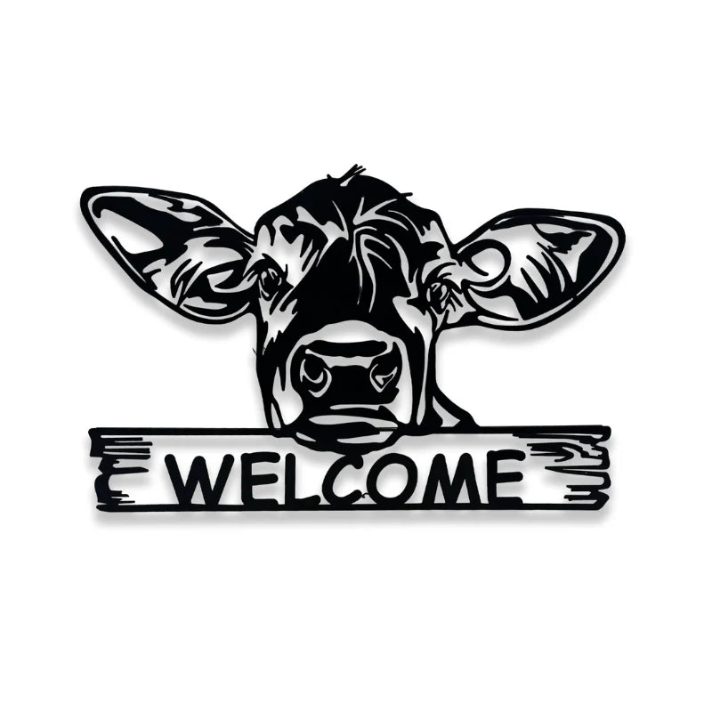 Metal sign with a cow face and 'WELCOME' text on a white background