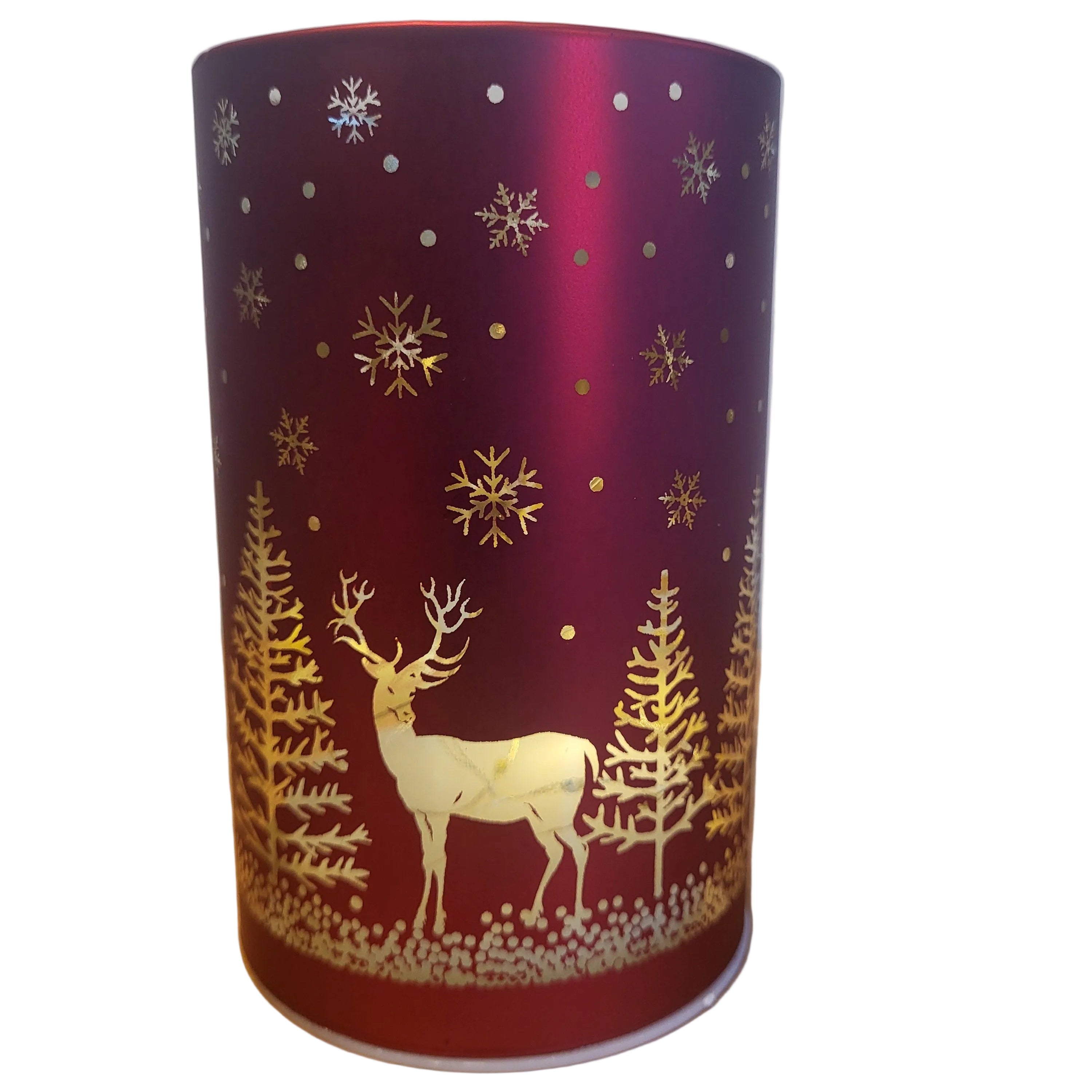Decorative cylindrical container with reindeer and snowflake design on a red background