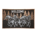 Decorative welcome doormat with horses and trees design on a white background
