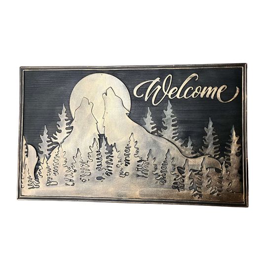 Decorative doormat with wolves howling at the moon and 'Welcome' text, set against a white background.