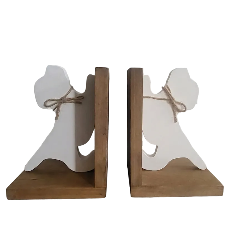 A pair of wooden angel bookends with white angel cutouts tied with twine, shown on a checkered transparency-style background.
