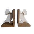 A pair of wooden angel bookends with white angel cutouts tied with twine, shown on a checkered transparency-style background.