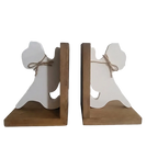 A pair of wooden angel bookends with white angel cutouts tied with twine, shown on a checkered transparency-style background.