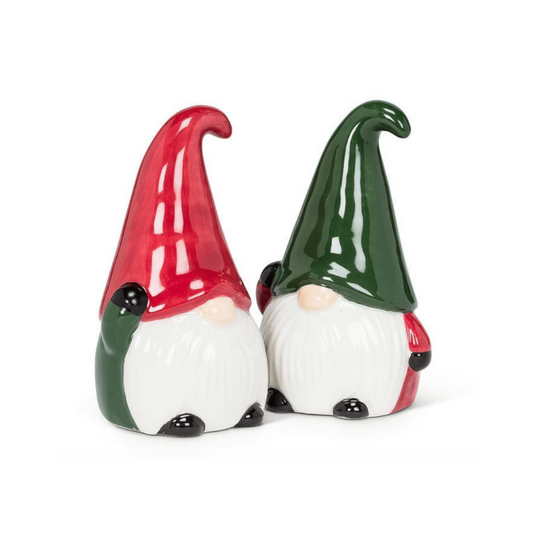 Ceramic gnomes salt and pepper shakers with red and green hats on a white background