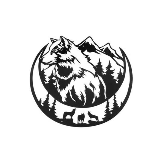 Black and white illustration of a wolf with mountains and trees in a circular design.