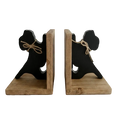 A pair of rustic wooden bookends shaped like stylized dog silhouettes, with black cutout backs, natural wood bases, and tied jute rope bows, set against a clean white background.