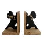A pair of rustic wooden bookends shaped like stylized dog silhouettes, with black cutout backs, natural wood bases, and tied jute rope bows, set against a clean white background.