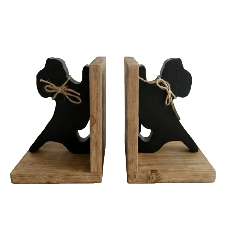 A pair of rustic wooden bookends shaped like stylized dog silhouettes, with black cutout backs, natural wood bases, and tied jute rope bows, set against a clean white background.