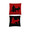 Two pillows with black silhouettes of a moose and a tree on red and black backgrounds.